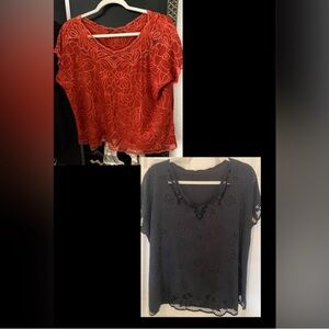 Set of Two Batik Floral Embroidered Blouses Orange & Black XL